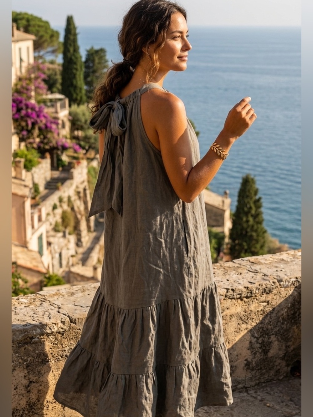 Bellambra Italy Linen Tiered Flare Dress M Green Back Ties Midi Boho Summer Flow